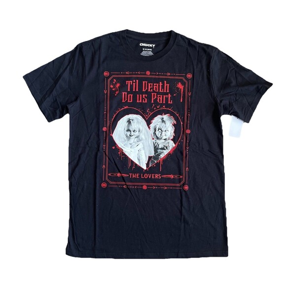 Child’s Play Size Medium Top Graphic Print Valentine's Day Tee Chucky Black NWT - Picture 1 of 4